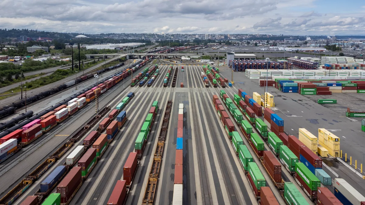 Aerial view of intermodal rail tracks and containers in Tacoma