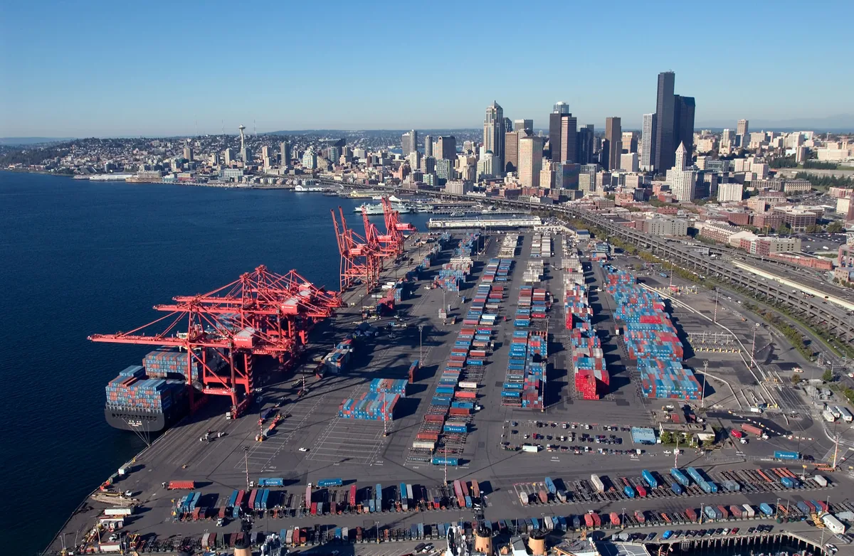 Aerial view of Port of Seattle container terminals and the city skyline