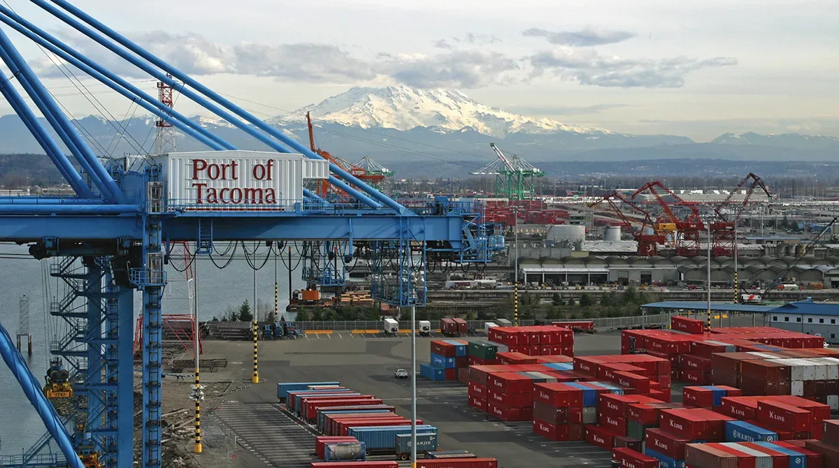 Port of Tacoma cranes, containers, and Mount Rainier