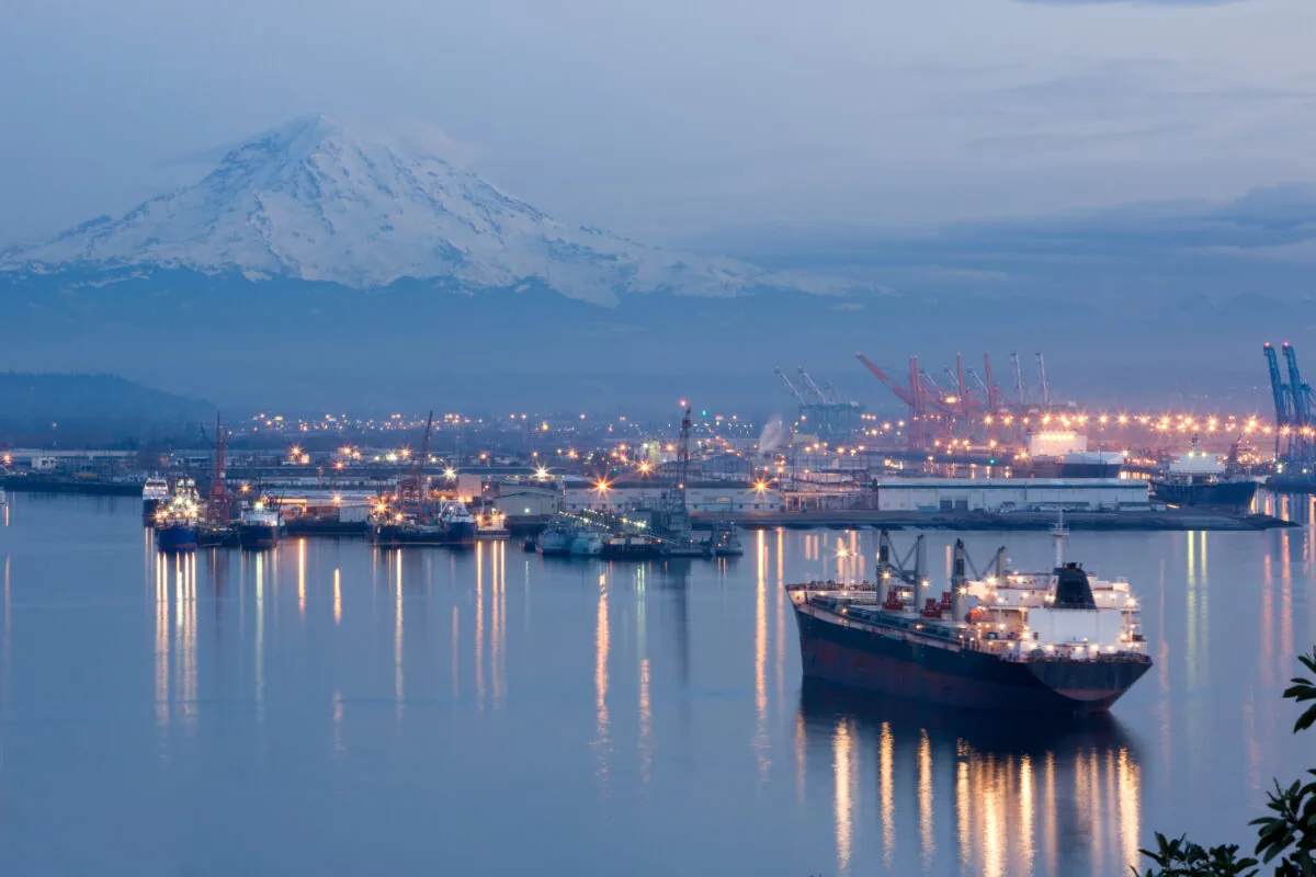 Twilight view of the Port of Tacoma and Mount Rainier